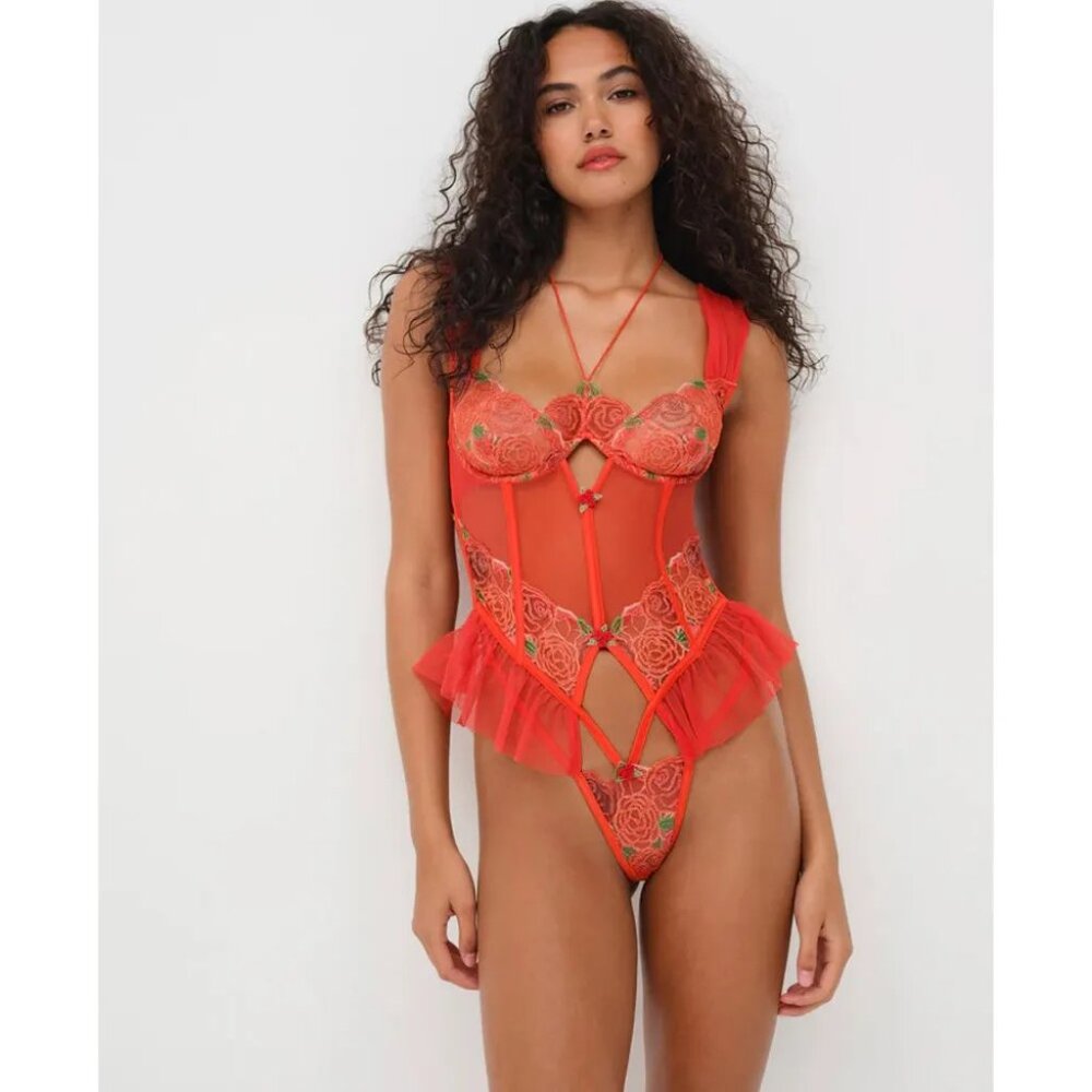 For Love & Lemons Red Gene Lace Bodysuit Size XS NWT